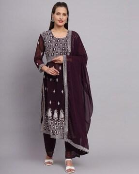 embroidered straight kurta set with dupatta