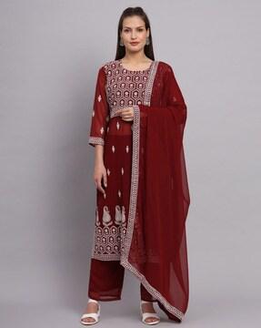 embroidered straight kurta set with dupatta