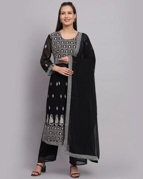 embroidered straight kurta set with dupatta