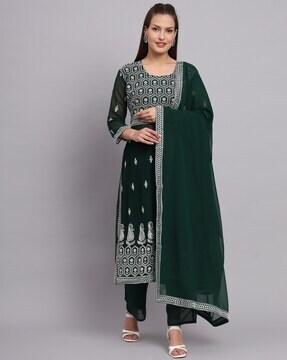 embroidered straight kurta set with dupatta