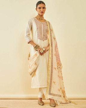 embroidered straight kurta set with dupatta