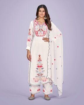 embroidered straight kurta set with dupatta