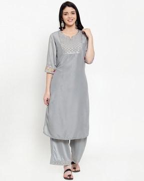 embroidered straight kurta suit set