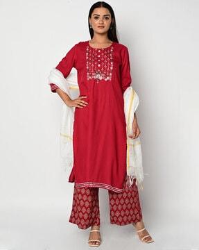 embroidered straight kurta suit set