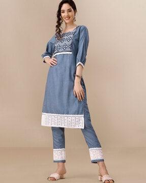 embroidered straight kurta suit set