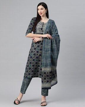 embroidered straight kurta suit set