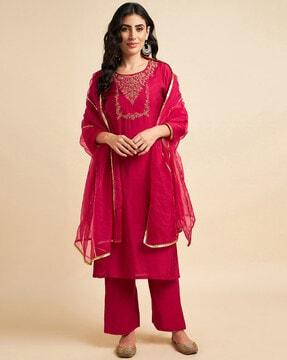 embroidered straight kurta suit set