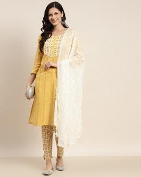 embroidered straight kurta suit set