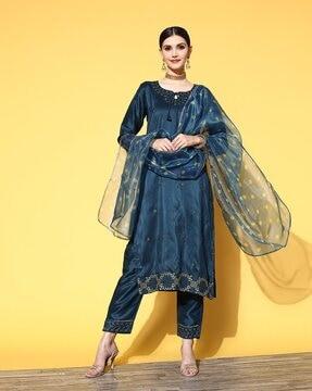 embroidered straight kurta suit set