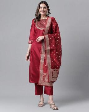 embroidered straight kurta suit set