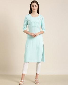 embroidered straight kurta with 3/4th sleeves