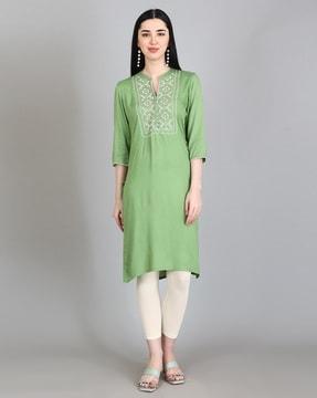 embroidered straight kurta with band collar