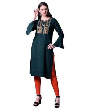 embroidered straight kurta with bell sleeves