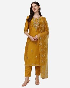 embroidered straight kurta with bottom & dupatta