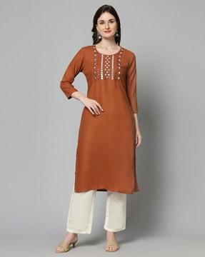 embroidered straight kurta with bracelet sleeves