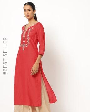 embroidered straight kurta with insert pocket