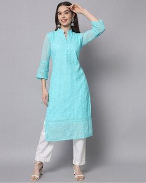 embroidered straight kurta with mandarin collar