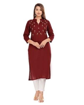 embroidered straight kurta with mandarin collar