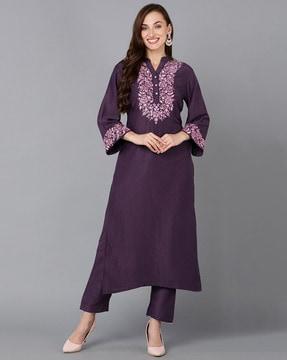 embroidered straight kurta with mandarin collar