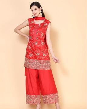 embroidered straight kurta with palazzos & dupatta