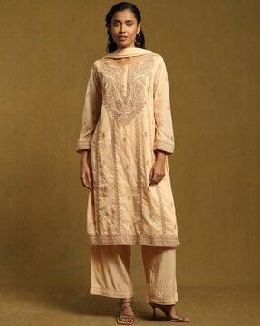 embroidered straight kurta with palazzos & dupatta