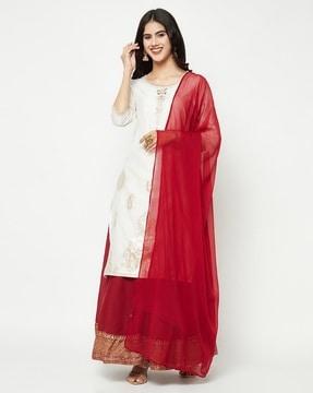 embroidered straight kurta with palazzos & dupatta