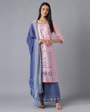 embroidered straight kurta with palazzos & dupatta