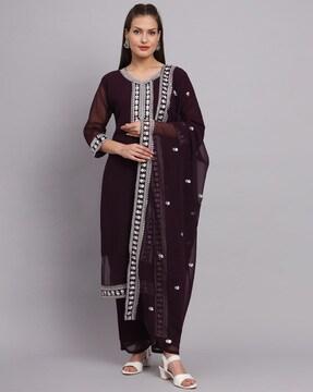 embroidered straight kurta with palazzos & dupatta