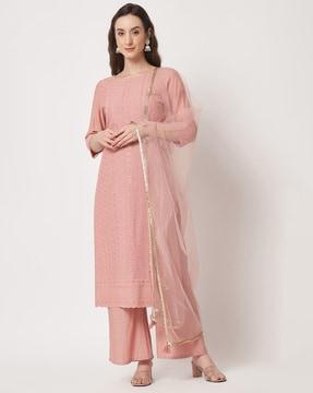 embroidered straight kurta with palazzos & dupatta