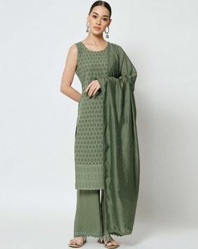 embroidered straight kurta with palazzos & dupatta