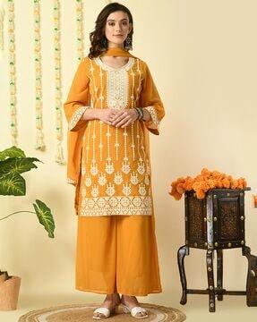 embroidered straight kurta with palazzos & dupatta