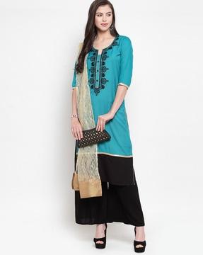 embroidered straight kurta with palazzos & dupatta