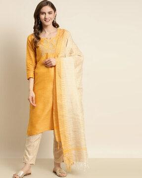 embroidered straight kurta with pant & dupatta