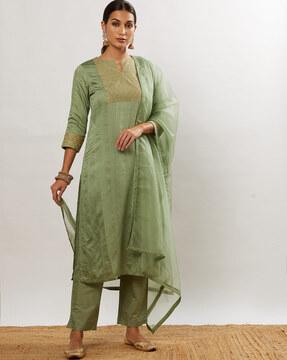 embroidered straight kurta with pants & dupatta