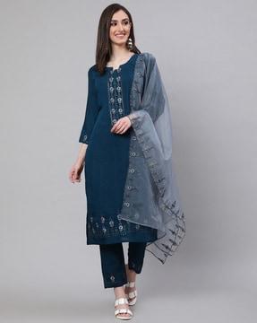 embroidered straight kurta with pants & dupatta