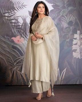 embroidered straight kurta with pants & dupatta