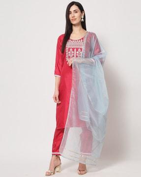 embroidered straight kurta with pants & dupatta