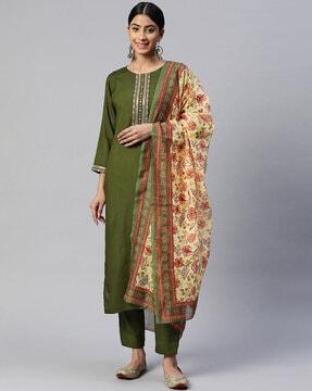 embroidered straight kurta with pants & dupatta