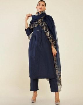 embroidered straight kurta with pants & dupatta