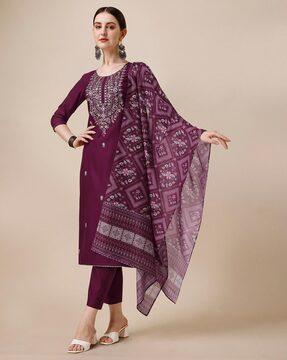 embroidered straight kurta with pants & dupatta