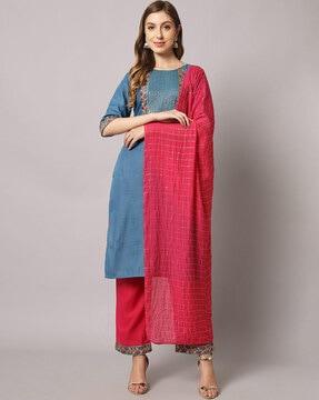 embroidered straight kurta with pants & dupatta