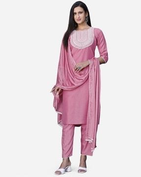 embroidered straight kurta with pants & dupatta