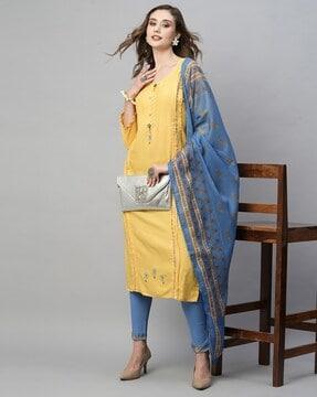 embroidered straight kurta with pants & dupatta