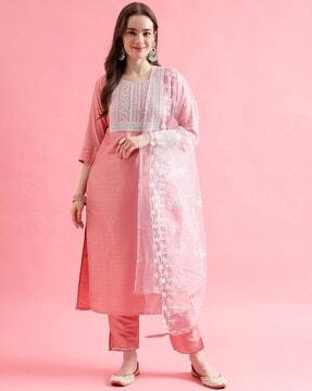 embroidered straight kurta with pants & dupatta