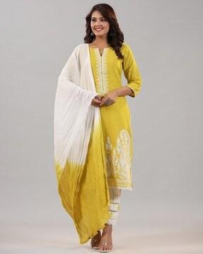 embroidered straight kurta with pants & dupatta