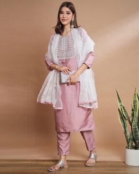 embroidered straight kurta with pants & dupatta