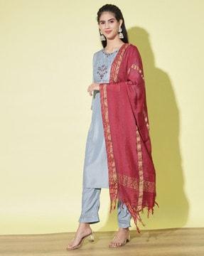 embroidered straight kurta with pants & dupatta