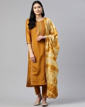 embroidered straight kurta with pants & dupatta