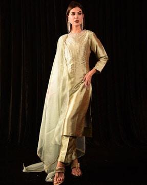 embroidered straight kurta with pants & dupatta