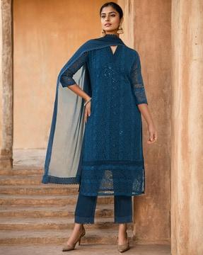 embroidered straight kurta with pants & dupatta